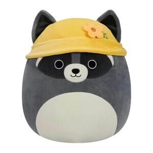 Squishmallows Original 14-Inch Rocky Grey Raccoon with Yellow Bucket Hat